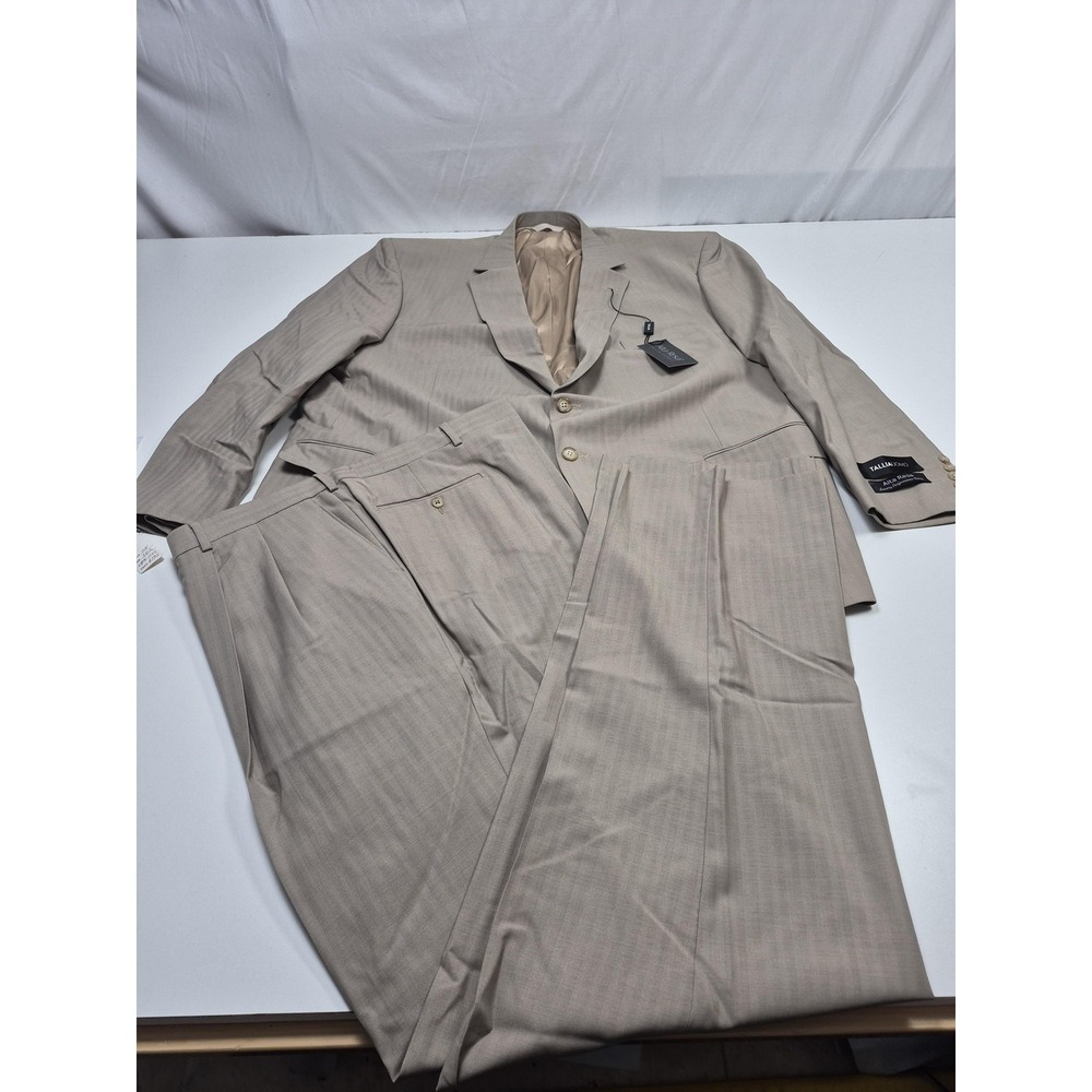 Tallia Uomo Suit Mens 54 Beige Wool Herringbone 2 Piece 50x36 Alta Resa NWT FLAW